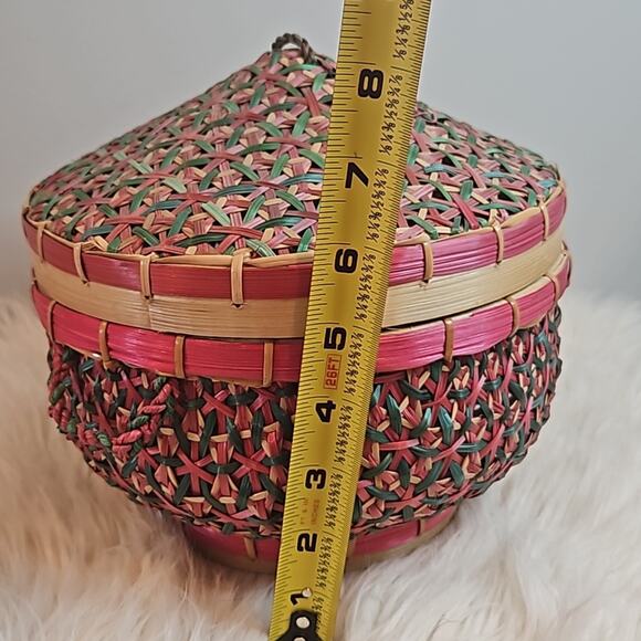 Woven Pink and Green Basket with Lid - Picture 6 of 6